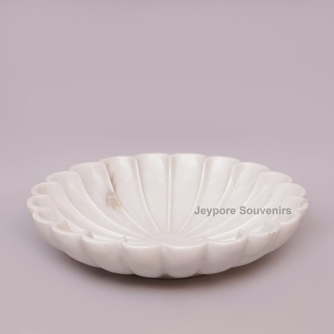 Hand-Carved White Marble Lotus Urli Bowl with Scalloped Petals