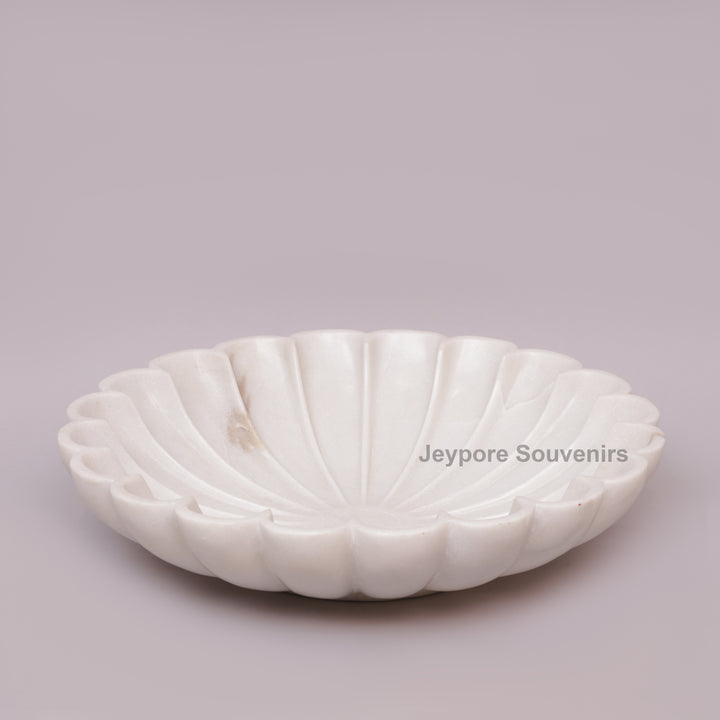 Hand-Carved White Marble Lotus Urli Bowl with Scalloped Petals
