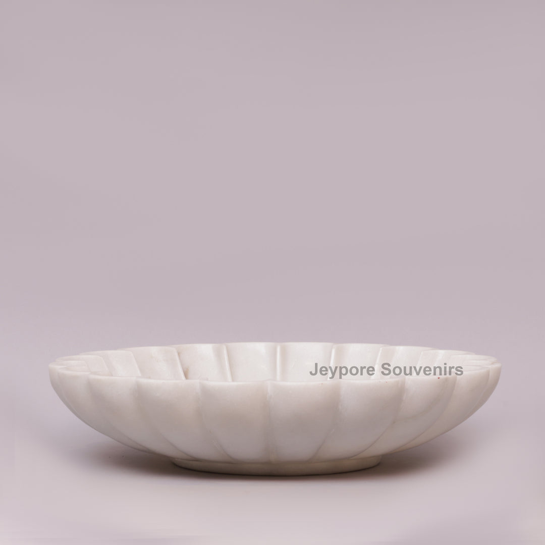 Hand-Carved White Marble Lotus Urli Bowl with Scalloped Petals