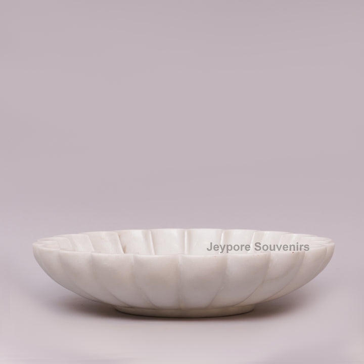 Hand-Carved White Marble Lotus Urli Bowl with Scalloped Petals