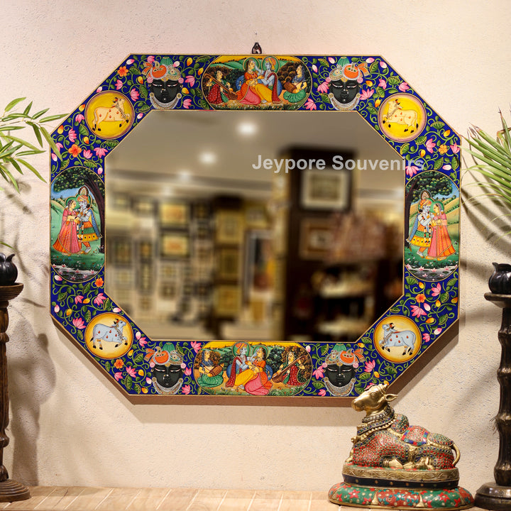 Hand-Painted Radha Krishna Rajasthani Octagonal Wall Mirror