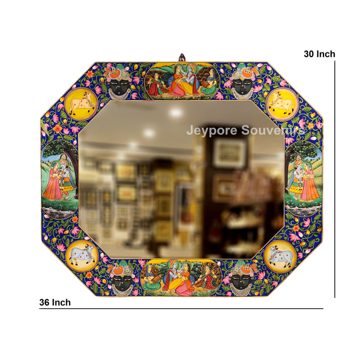 Hand-Painted Radha Krishna Rajasthani Octagonal Wall Mirror