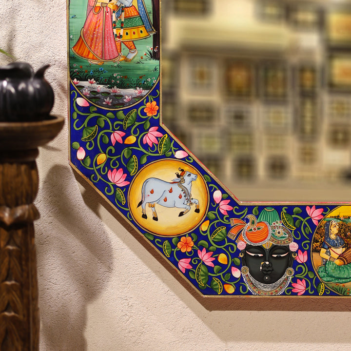 Hand-Painted Radha Krishna Rajasthani Octagonal Wall Mirror