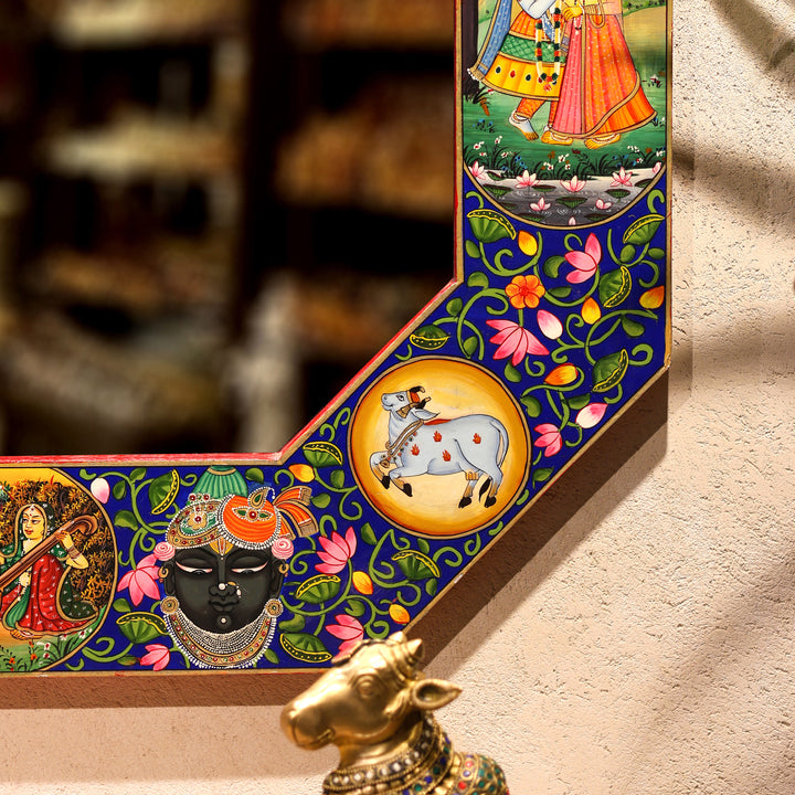 Hand-Painted Radha Krishna Rajasthani Octagonal Wall Mirror