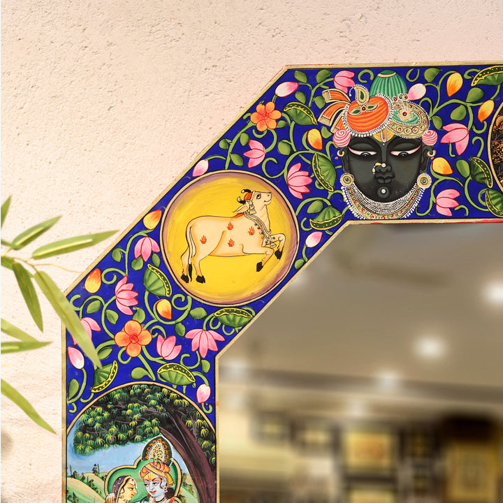 Hand-Painted Radha Krishna Rajasthani Octagonal Wall Mirror