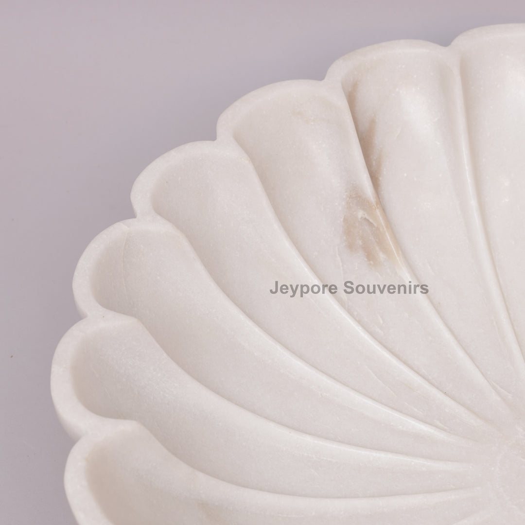 Hand-Carved White Marble Lotus Urli Bowl with Scalloped Petals