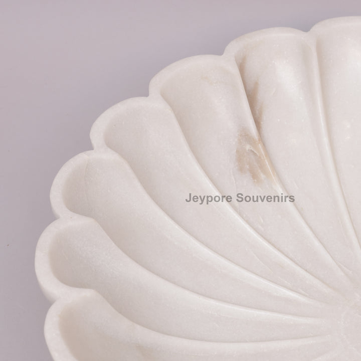 Hand-Carved White Marble Lotus Urli Bowl with Scalloped Petals