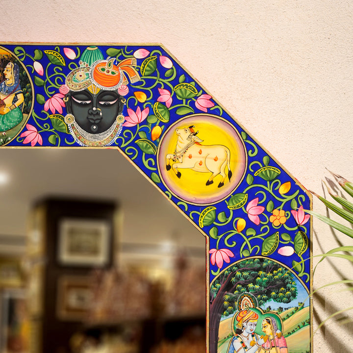 Hand-Painted Radha Krishna Rajasthani Octagonal Wall Mirror