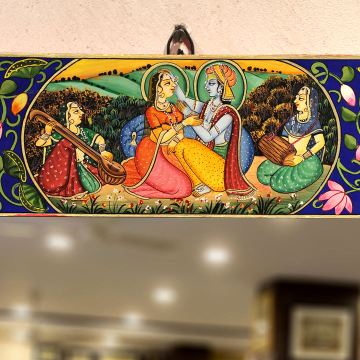 Hand-Painted Radha Krishna Rajasthani Octagonal Wall Mirror