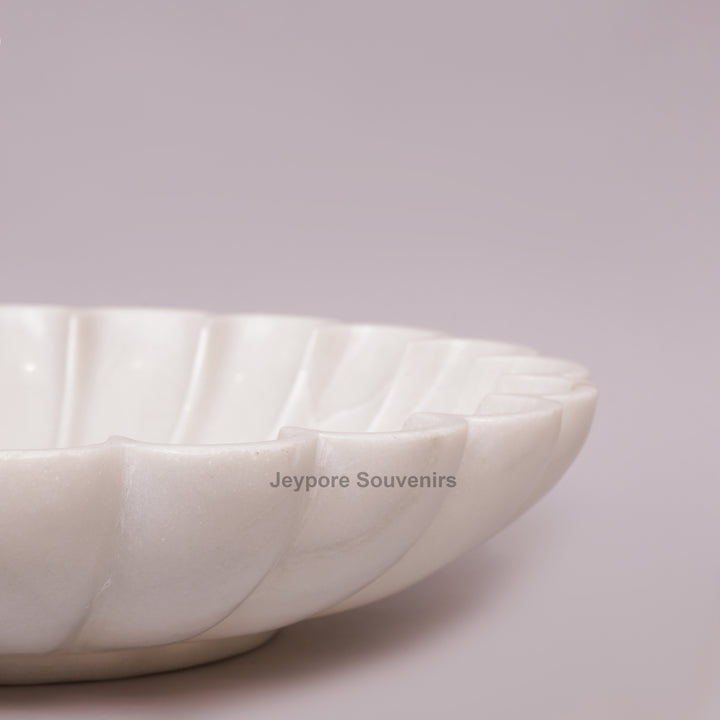 Hand-Carved White Marble Lotus Urli Bowl with Scalloped Petals