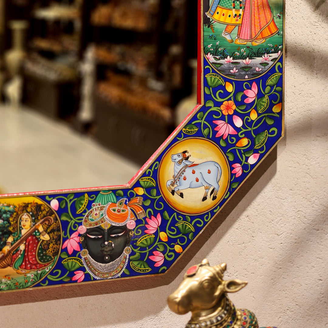 Hand-Painted Radha Krishna Rajasthani Octagonal Wall Mirror