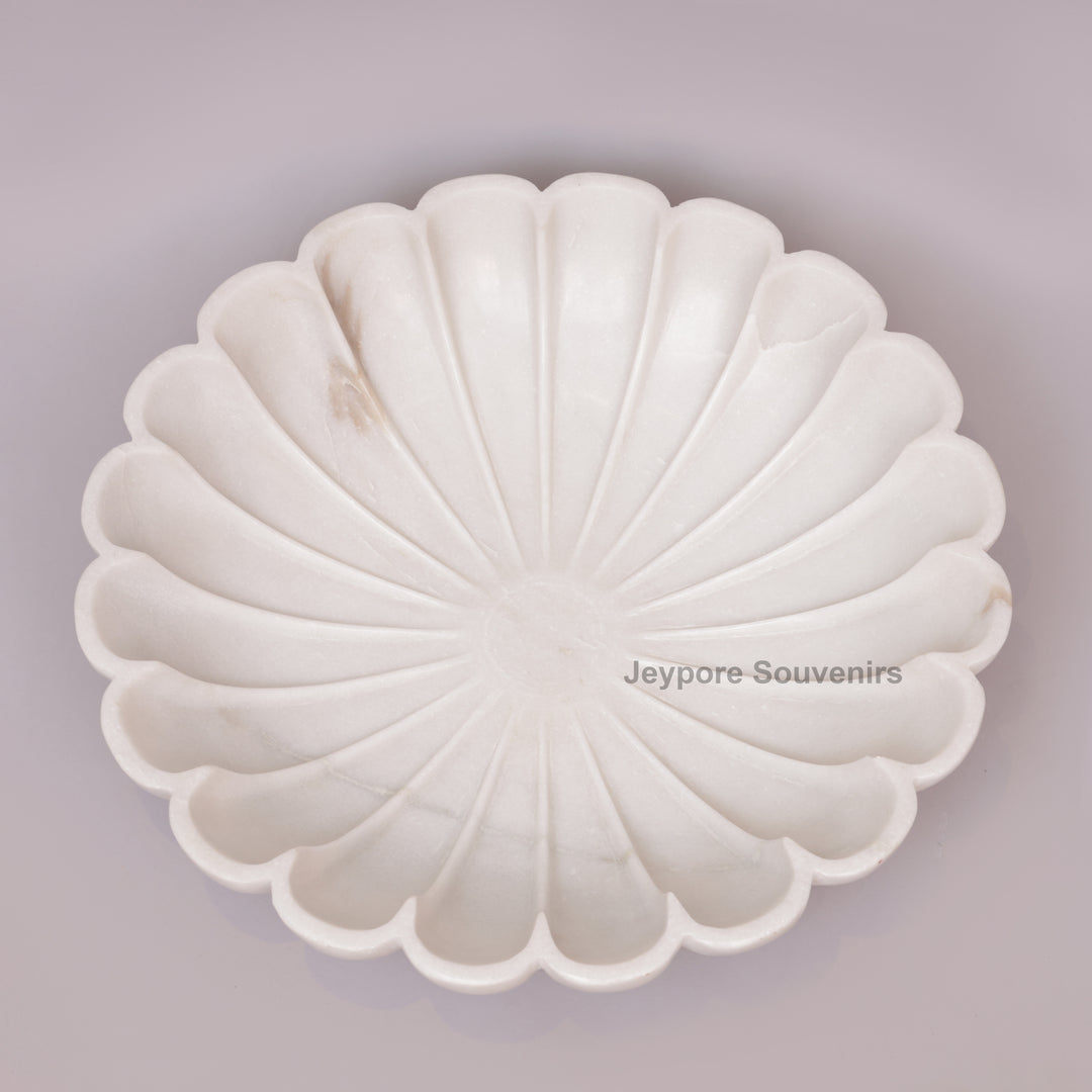 Hand-Carved White Marble Lotus Urli Bowl with Scalloped Petals