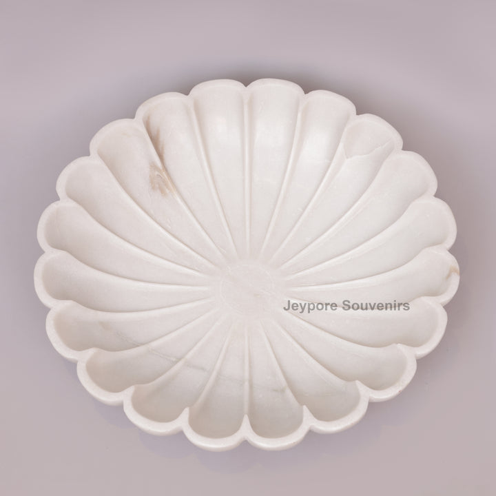 Hand-Carved White Marble Lotus Urli Bowl with Scalloped Petals