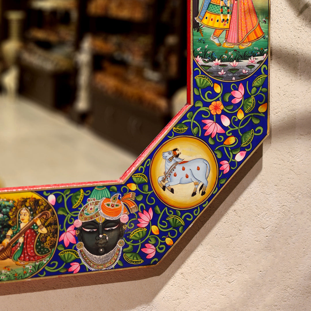 Hand-Painted Radha Krishna Rajasthani Octagonal Wall Mirror