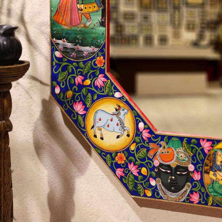 Hand-Painted Radha Krishna Rajasthani Octagonal Wall Mirror