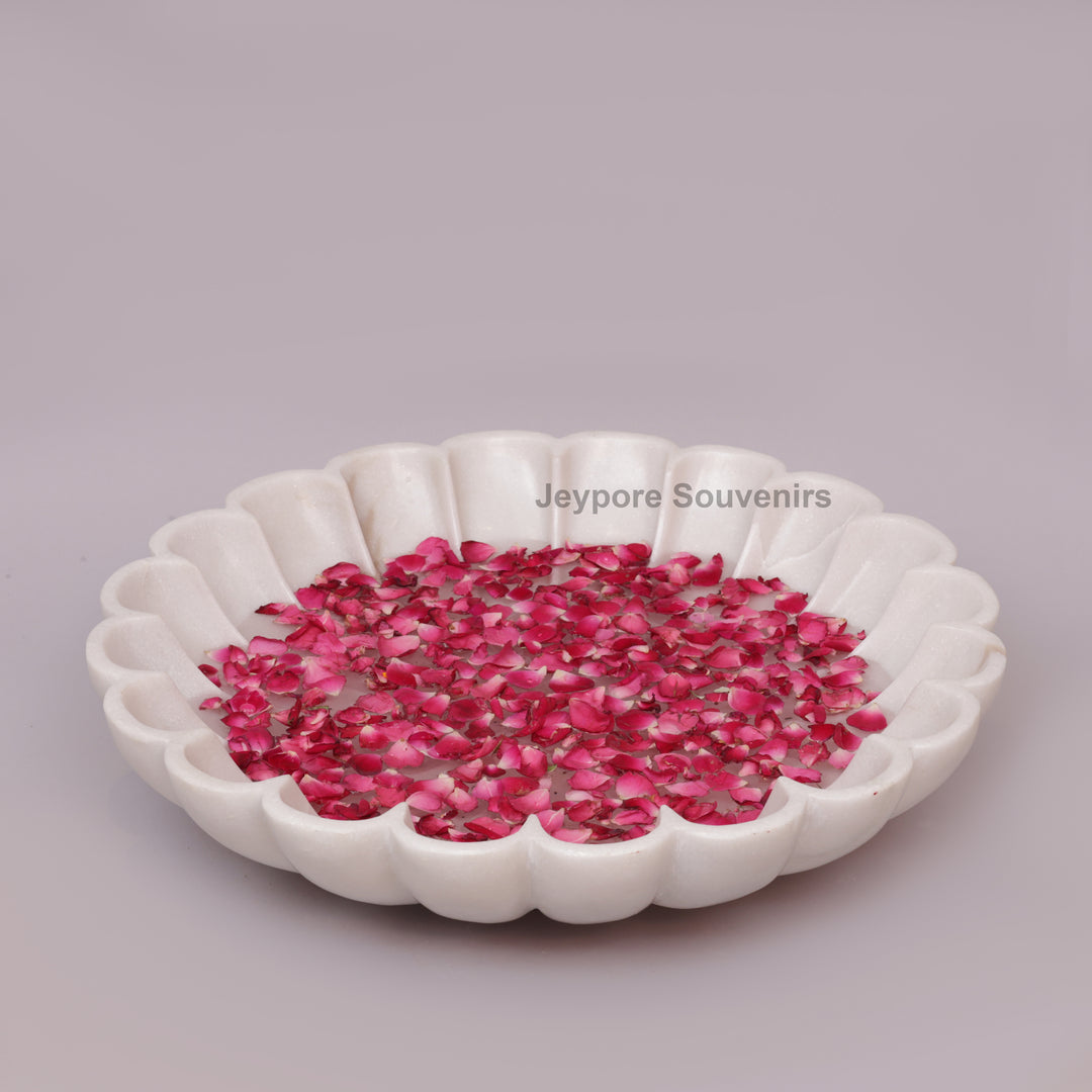 Hand-Carved White Marble Lotus Urli Bowl with Scalloped Petals