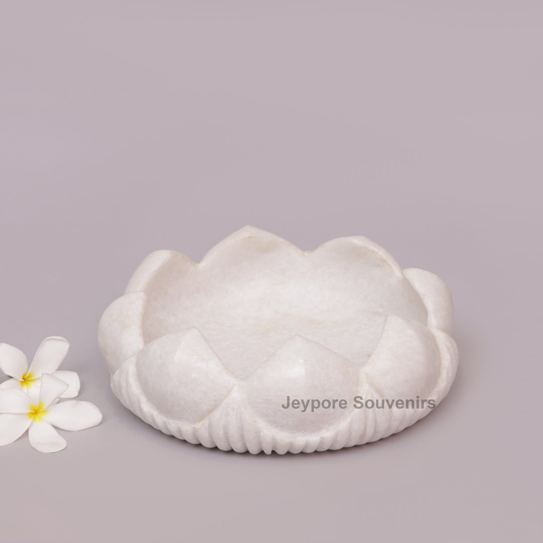 Hand-Carved White Marble Lotus Urli Bowl with Carved Petal Exterior