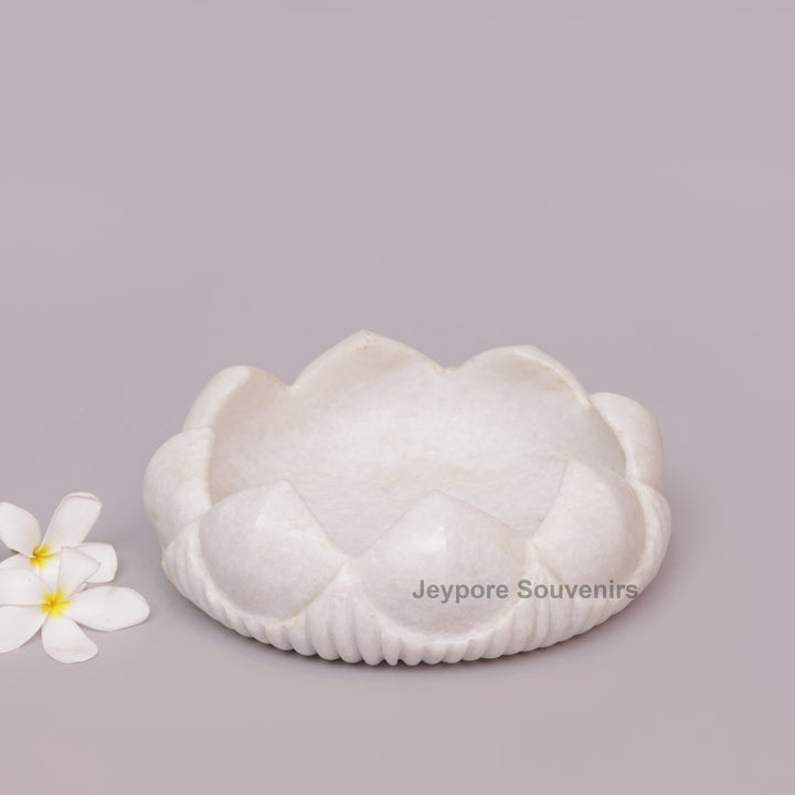 Hand-Carved White Marble Lotus Urli Bowl with Carved Petal Exterior