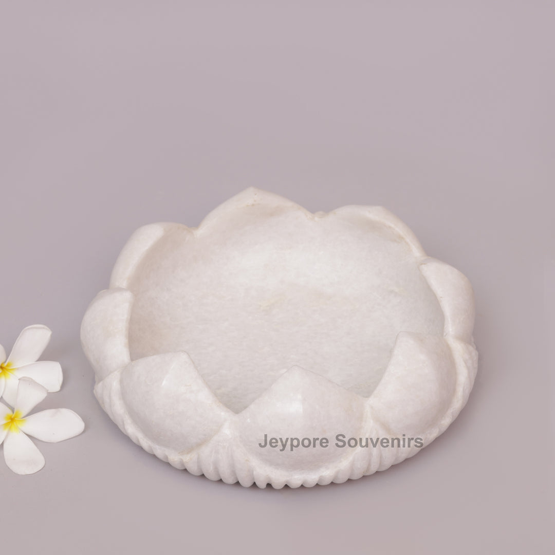 Hand-Carved White Marble Lotus Urli Bowl with Carved Petal Exterior