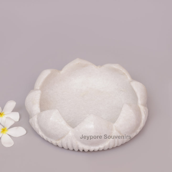 Hand-Carved White Marble Lotus Urli Bowl with Carved Petal Exterior