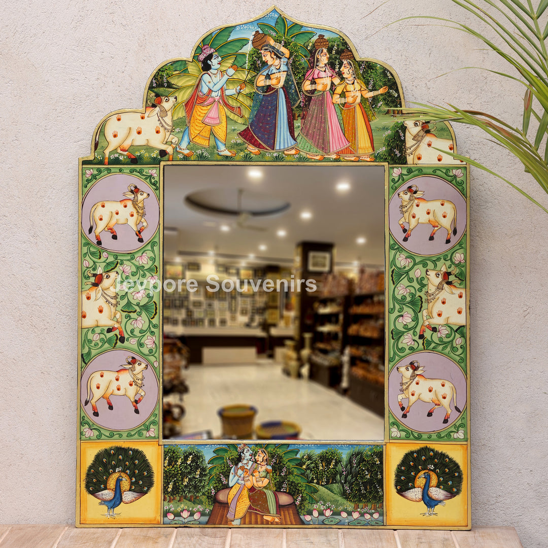 Handcrafted Radha Krishna Pichwai Wooden Jharokha Mirror