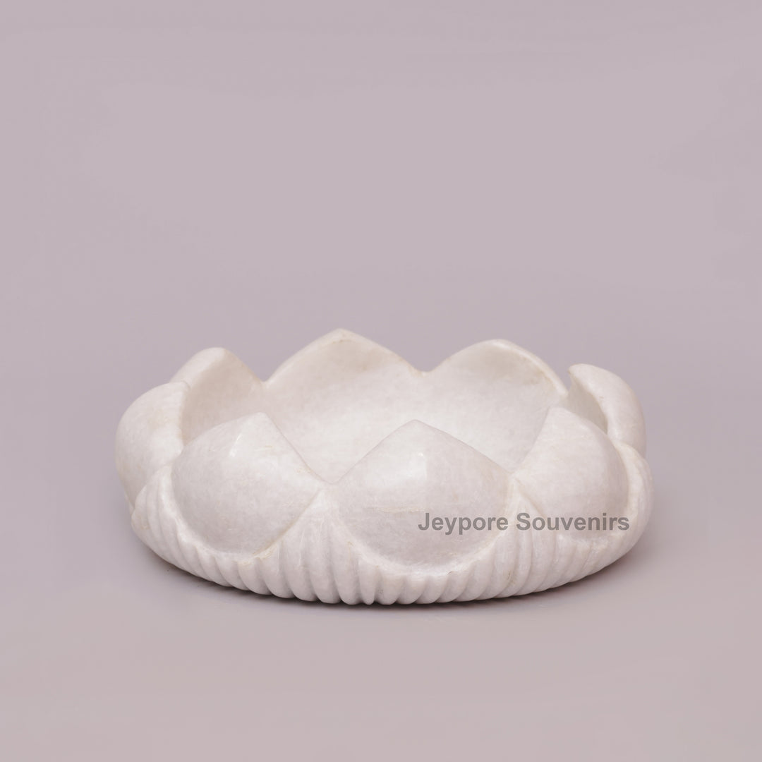 Hand-Carved White Marble Lotus Urli Bowl with Carved Petal Exterior