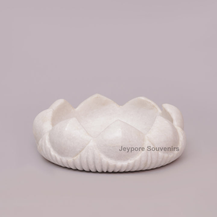 Hand-Carved White Marble Lotus Urli Bowl with Carved Petal Exterior