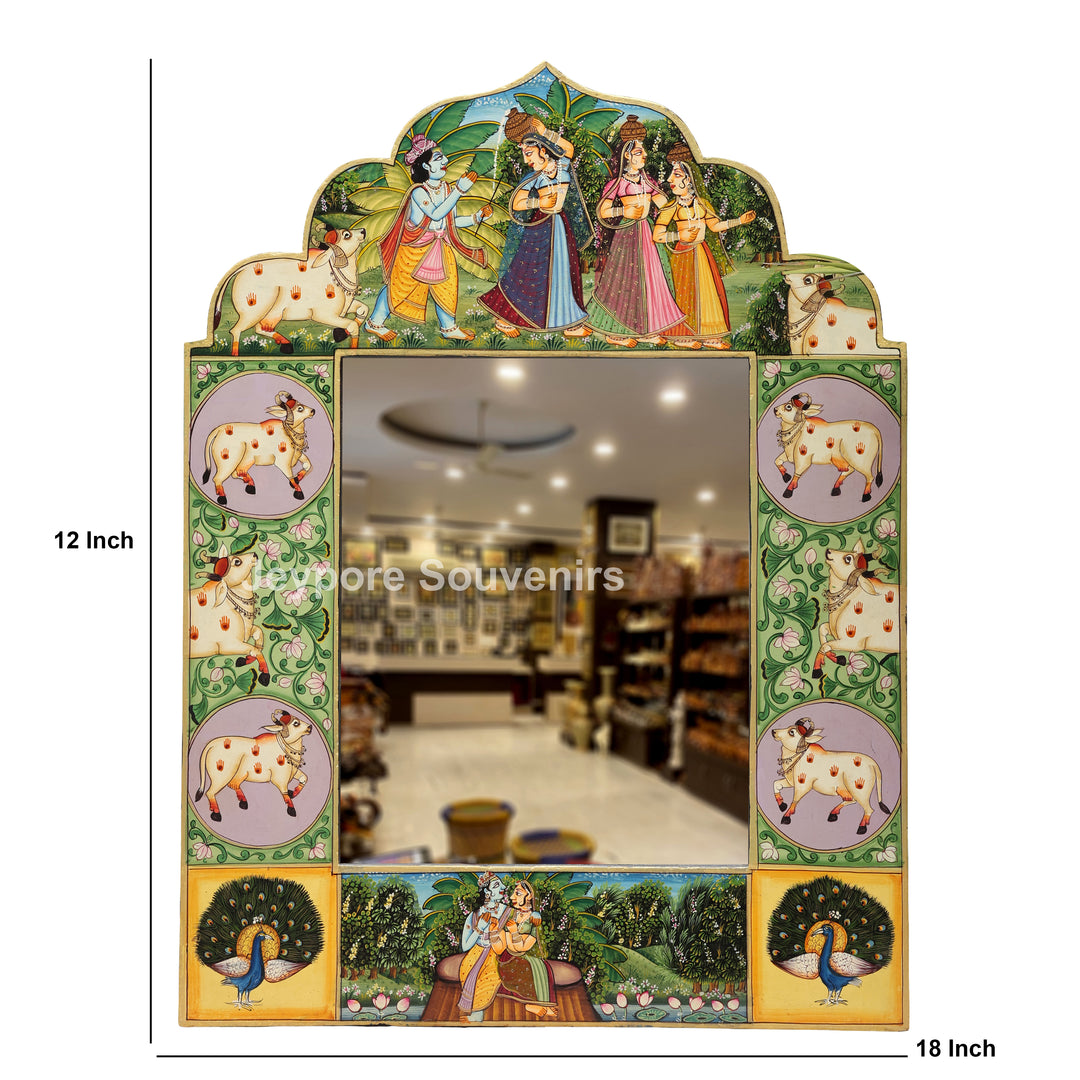 Handcrafted Radha Krishna Pichwai Wooden Jharokha Mirror