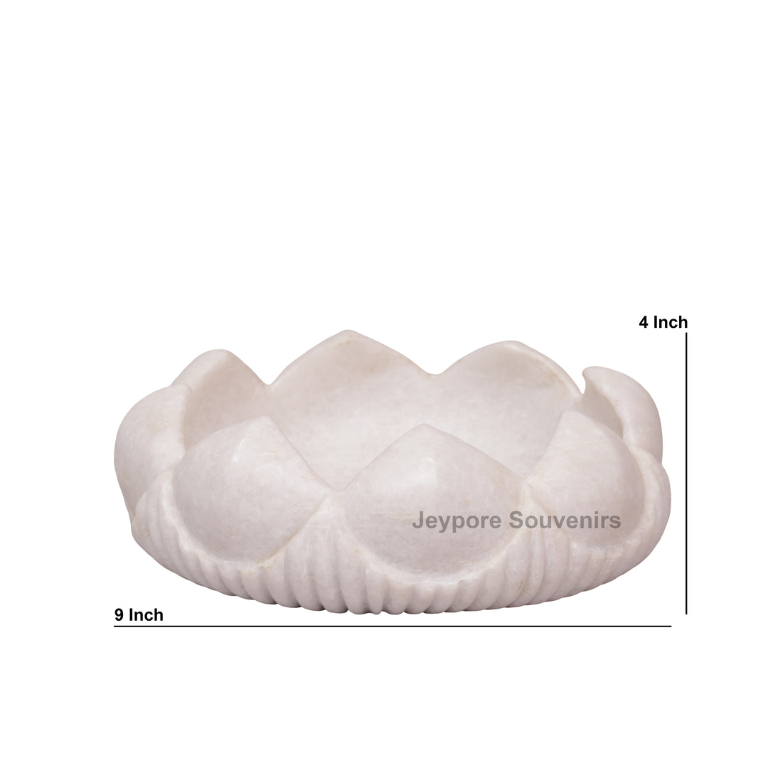 Hand-Carved White Marble Lotus Urli Bowl with Carved Petal Exterior