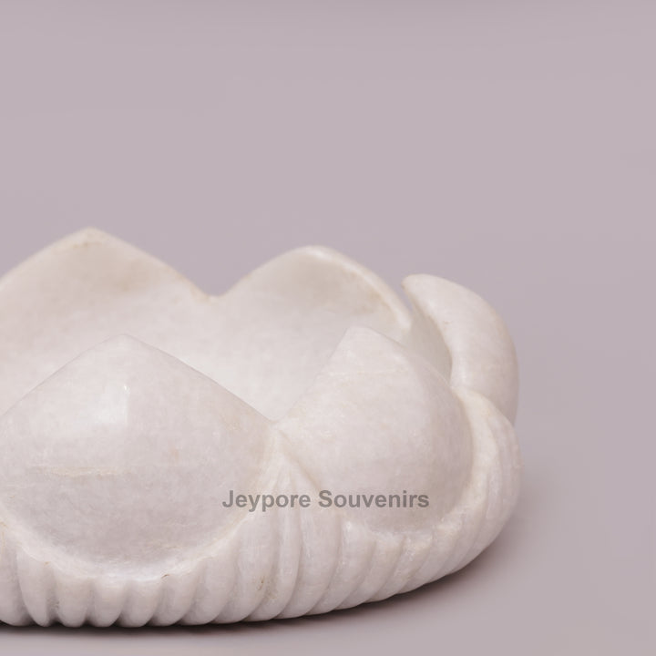 Hand-Carved White Marble Lotus Urli Bowl with Carved Petal Exterior