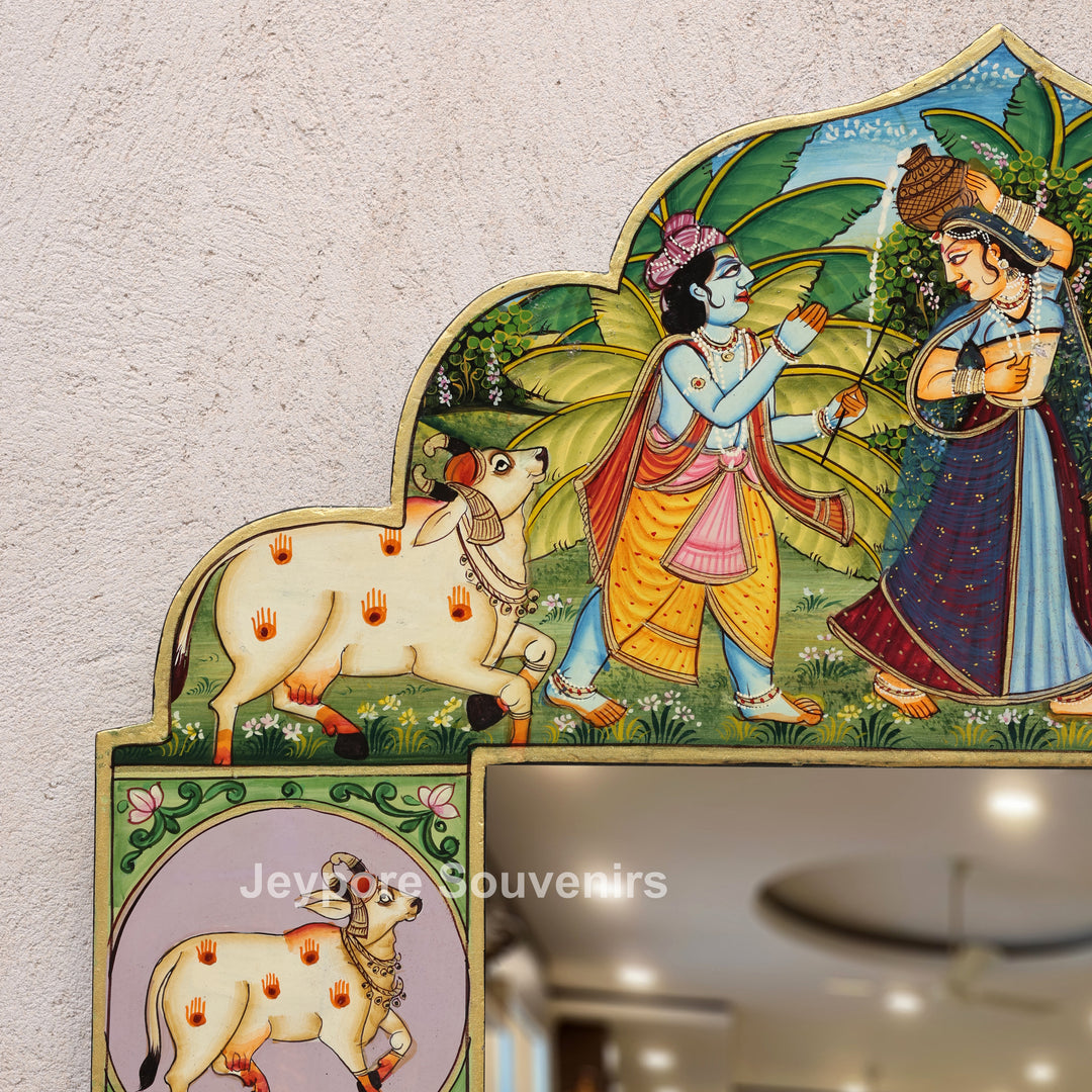 Handcrafted Radha Krishna Pichwai Wooden Jharokha Mirror