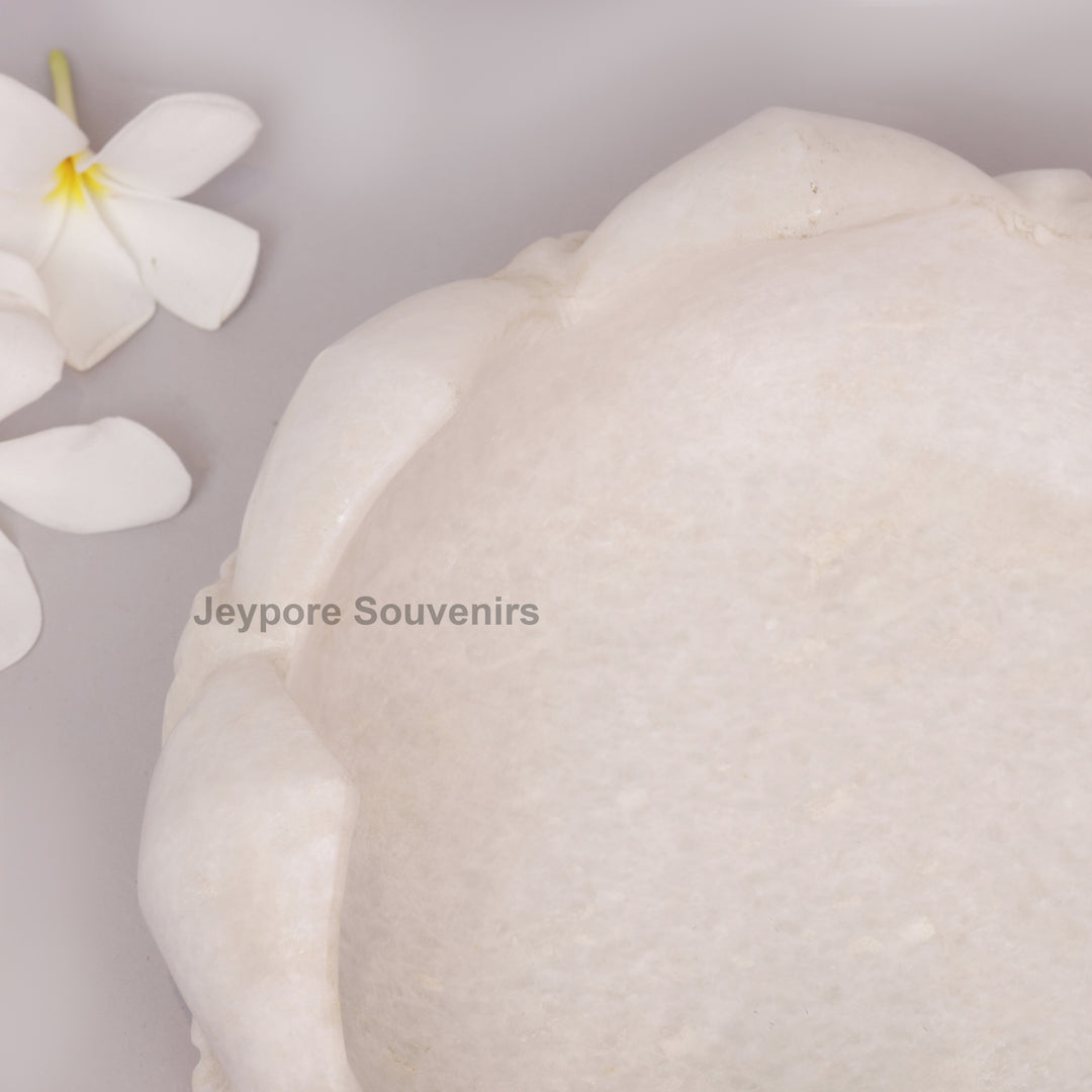 Hand-Carved White Marble Lotus Urli Bowl with Carved Petal Exterior