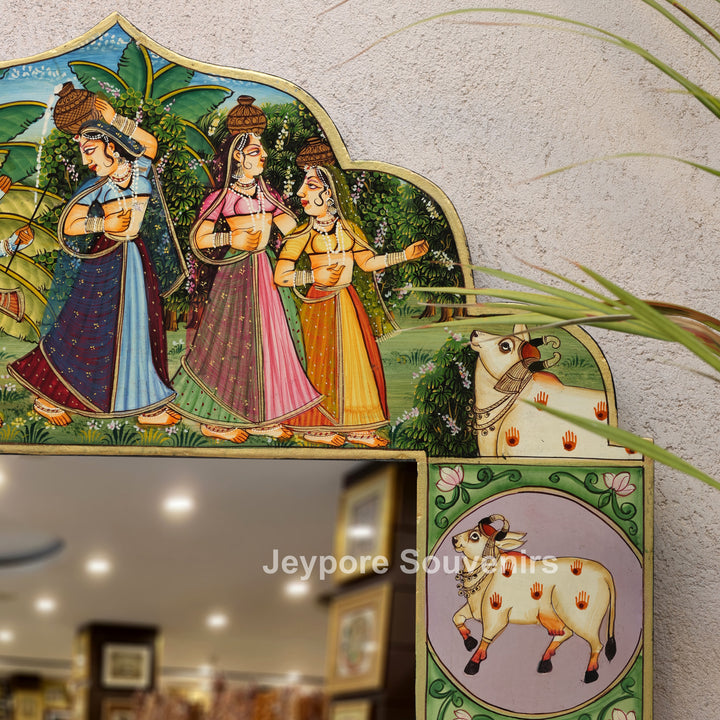 Handcrafted Radha Krishna Pichwai Wooden Jharokha Mirror