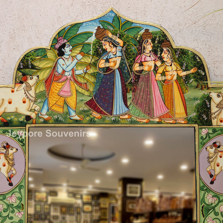 Handcrafted Radha Krishna Pichwai Wooden Jharokha Mirror