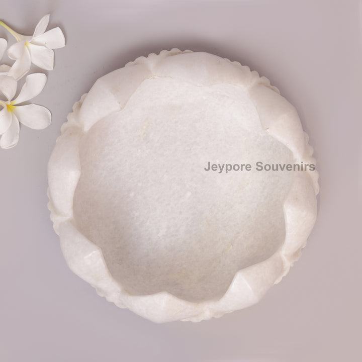 Hand-Carved White Marble Lotus Urli Bowl with Carved Petal Exterior