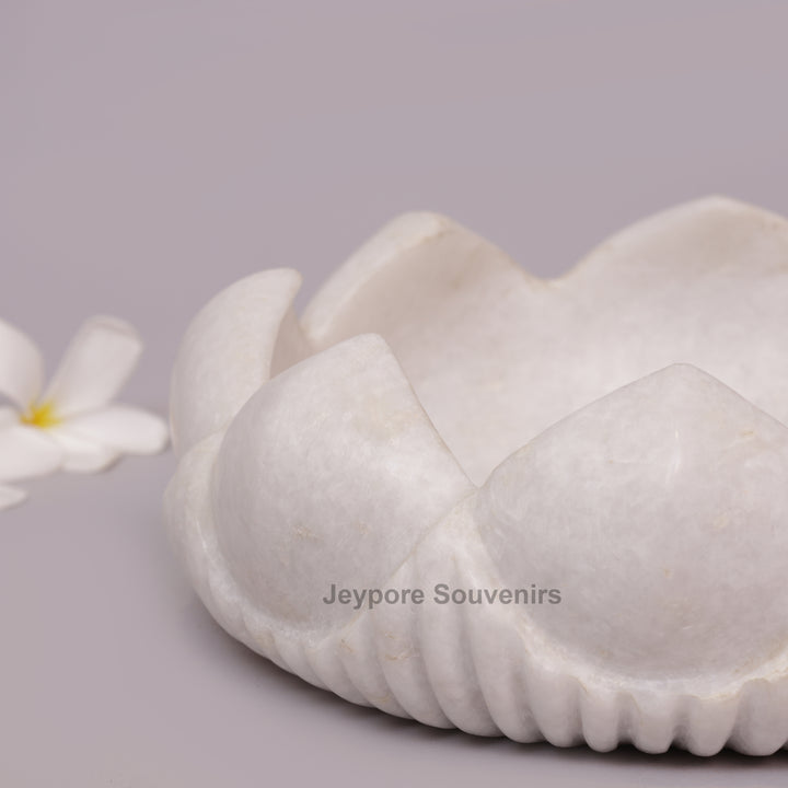Hand-Carved White Marble Lotus Urli Bowl with Carved Petal Exterior