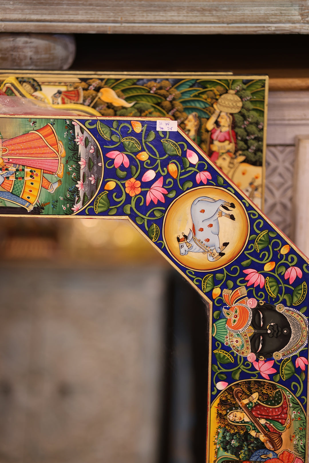 Hand-Painted Radha Krishna Rajasthani Octagonal Wall Mirror
