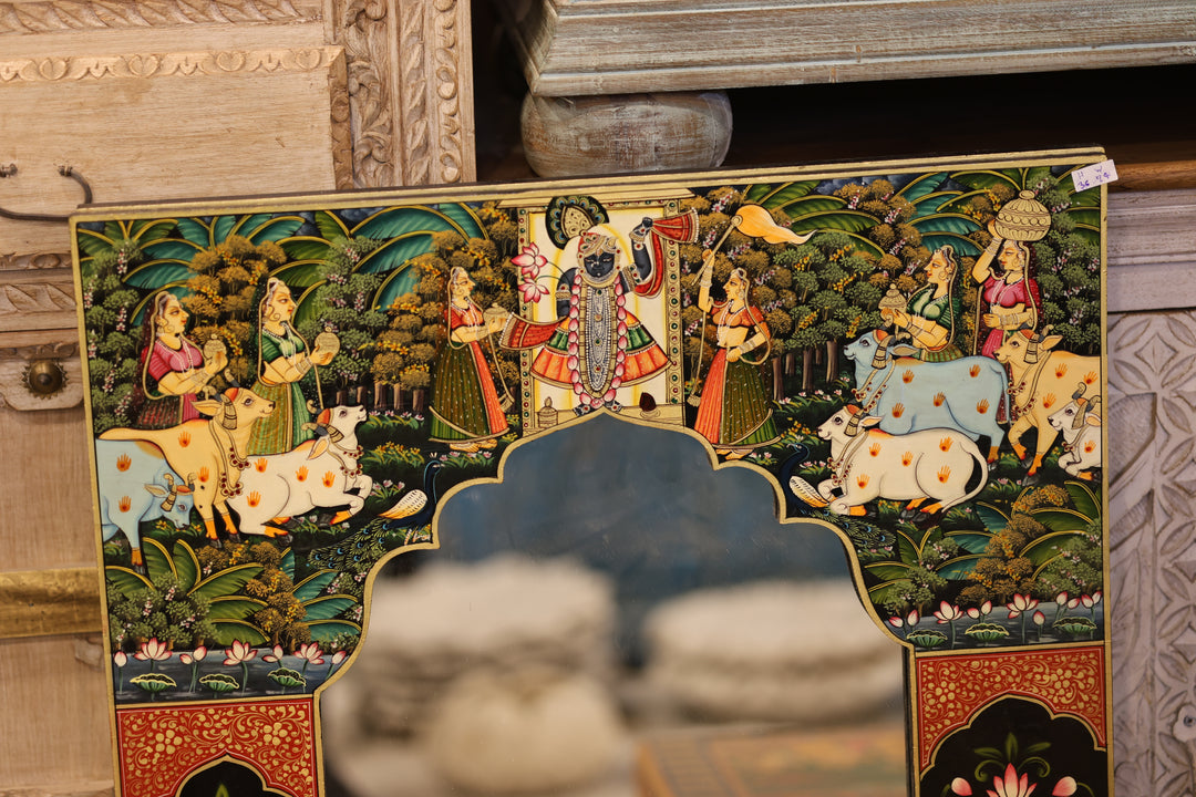 Hand-Painted Pichwai Shrinathji Haveli Style Decorative Wall Mirror