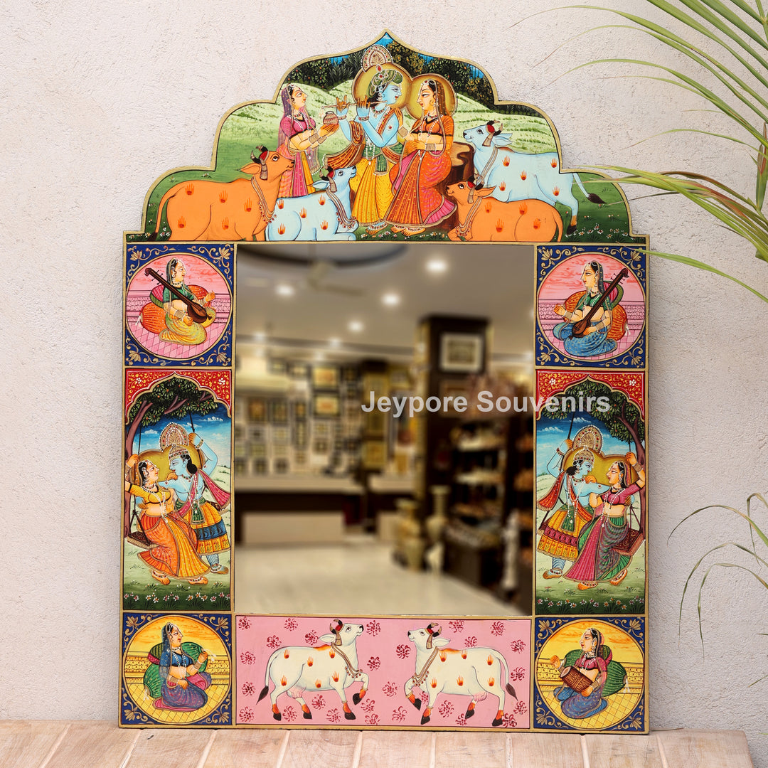 Handcrafted Krishna Radha Miniature Wooden Wall Mirror Frame