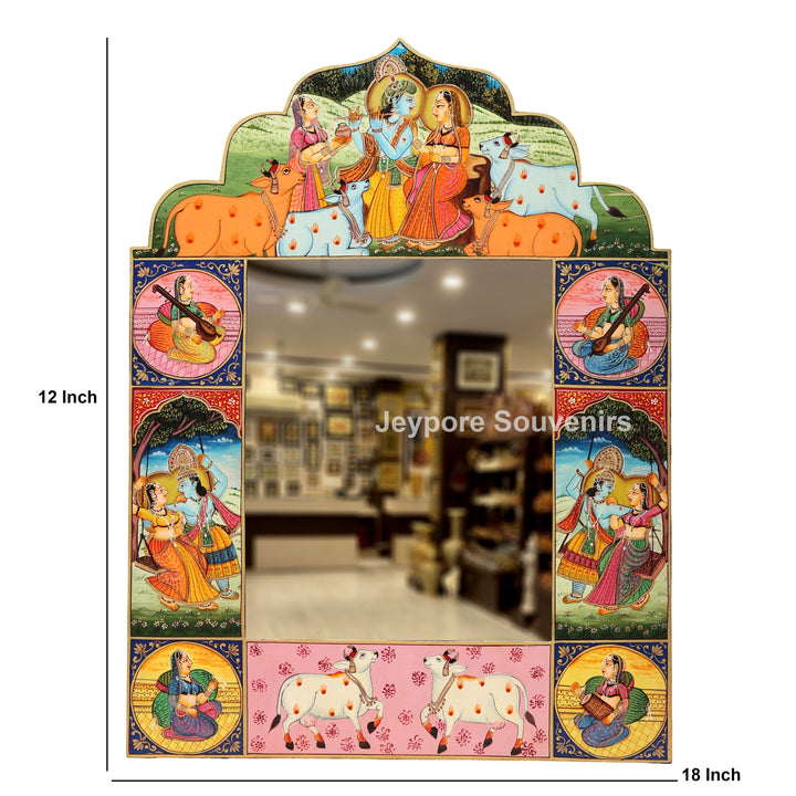 Handcrafted Krishna Radha Miniature Wooden Wall Mirror Frame