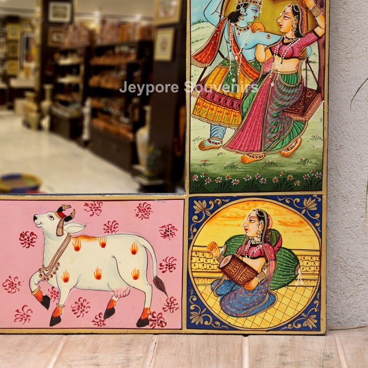 Handcrafted Krishna Radha Miniature Wooden Wall Mirror Frame