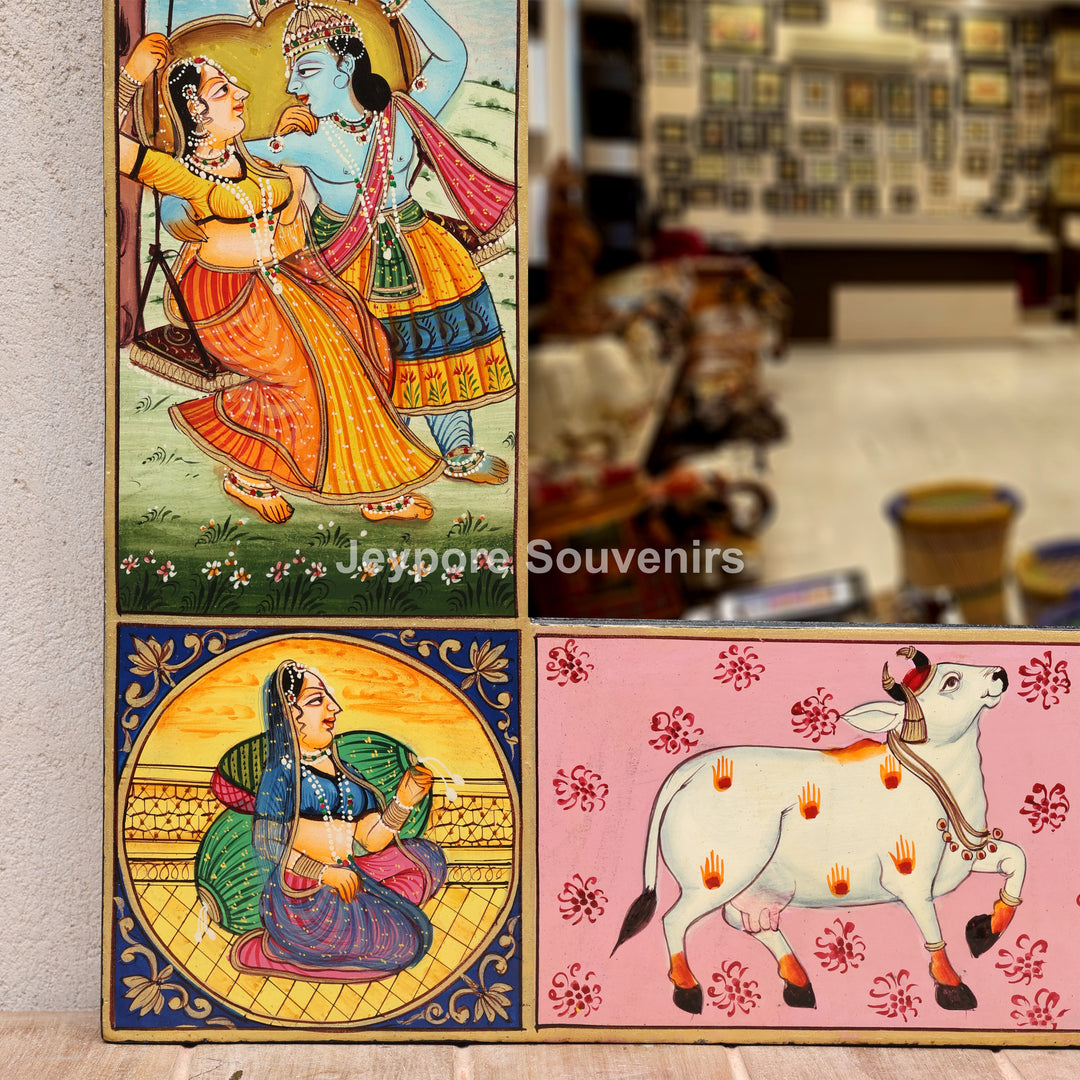 Handcrafted Krishna Radha Miniature Wooden Wall Mirror Frame