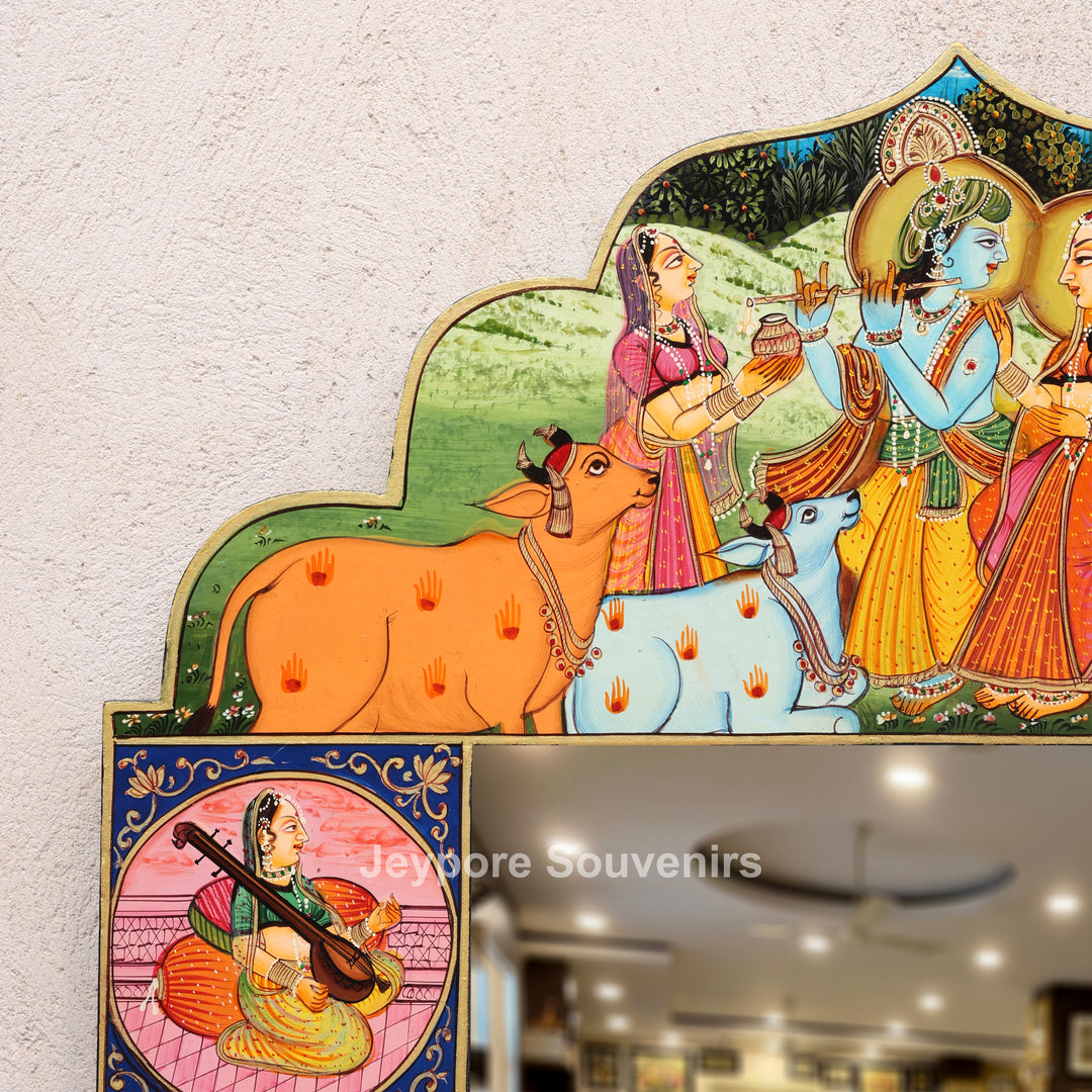 Handcrafted Krishna Radha Miniature Wooden Wall Mirror Frame