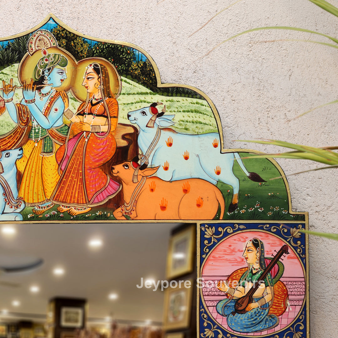 Handcrafted Krishna Radha Miniature Wooden Wall Mirror Frame