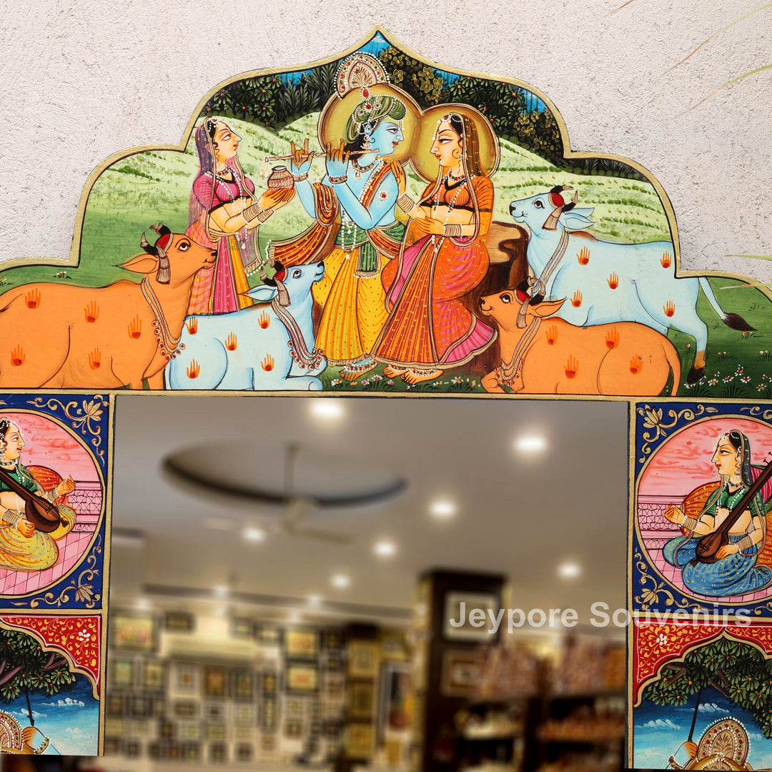 Handcrafted Krishna Radha Miniature Wooden Wall Mirror Frame