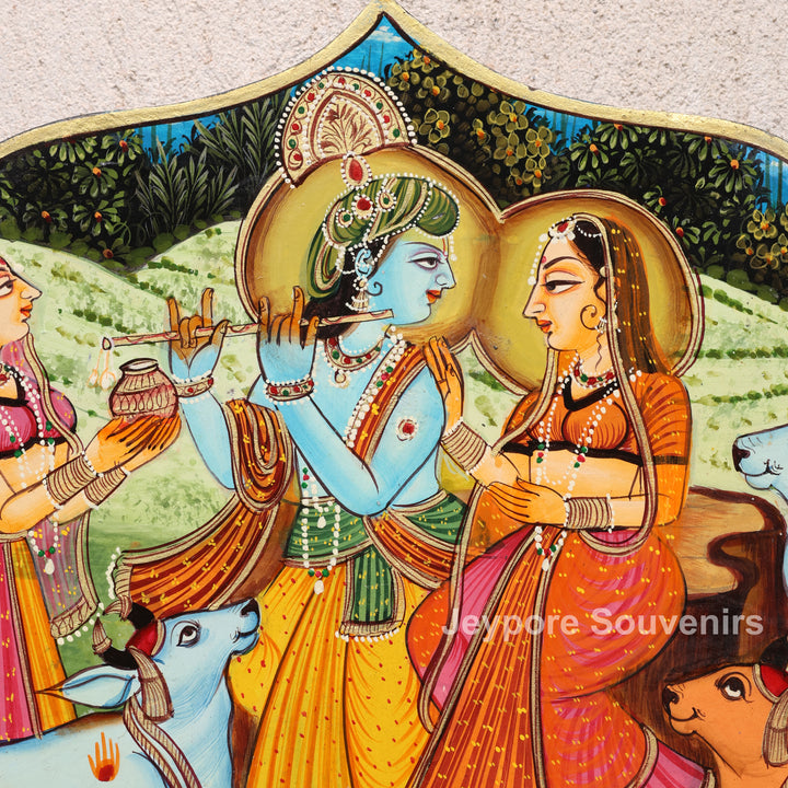 Handcrafted Krishna Radha Miniature Wooden Wall Mirror Frame