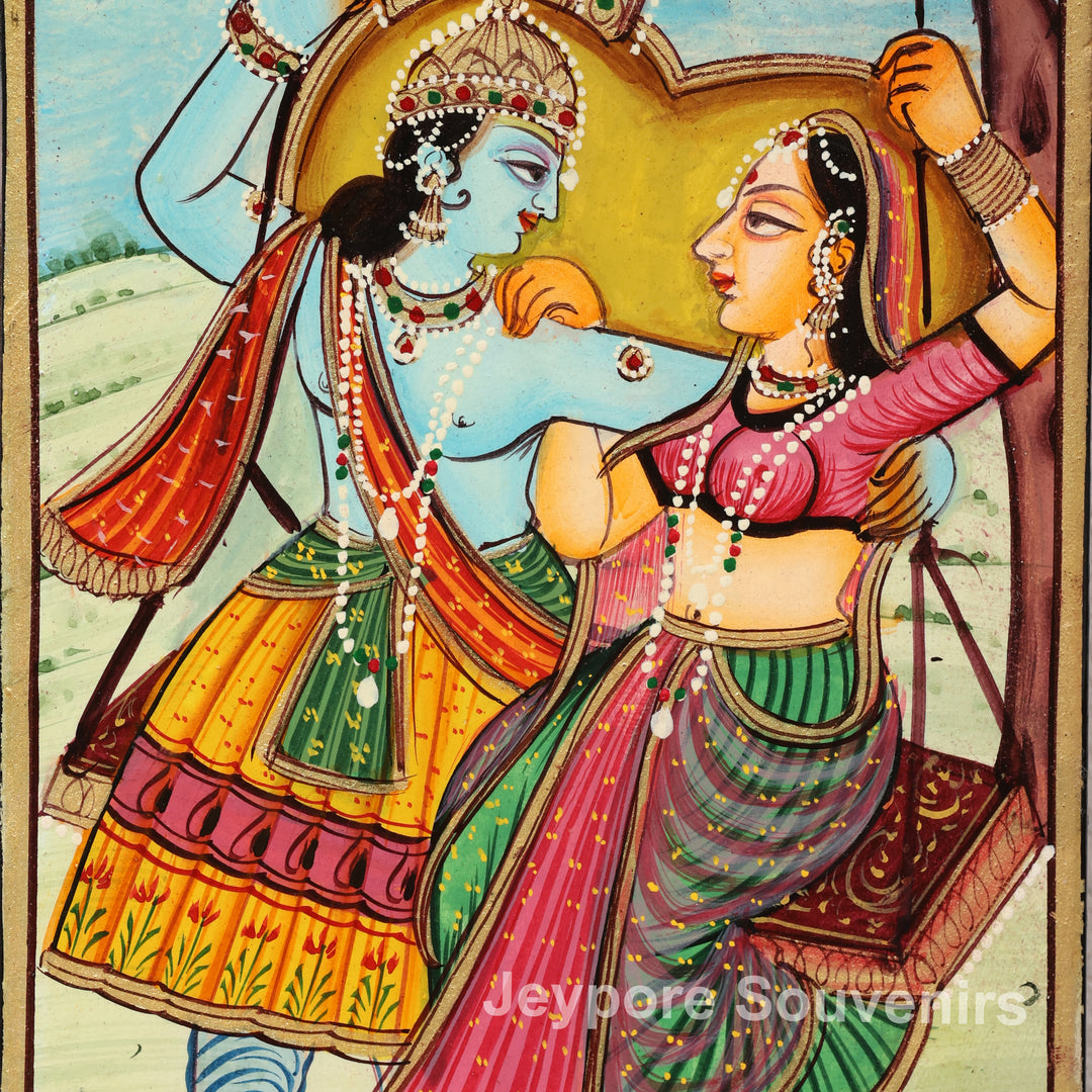 Handcrafted Krishna Radha Miniature Wooden Wall Mirror Frame