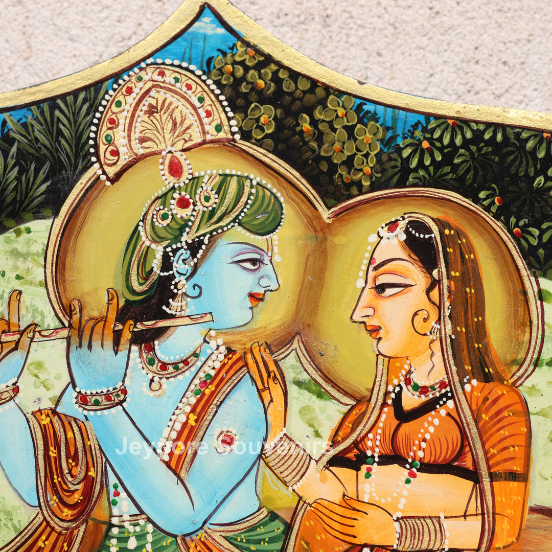 Handcrafted Krishna Radha Miniature Wooden Wall Mirror Frame