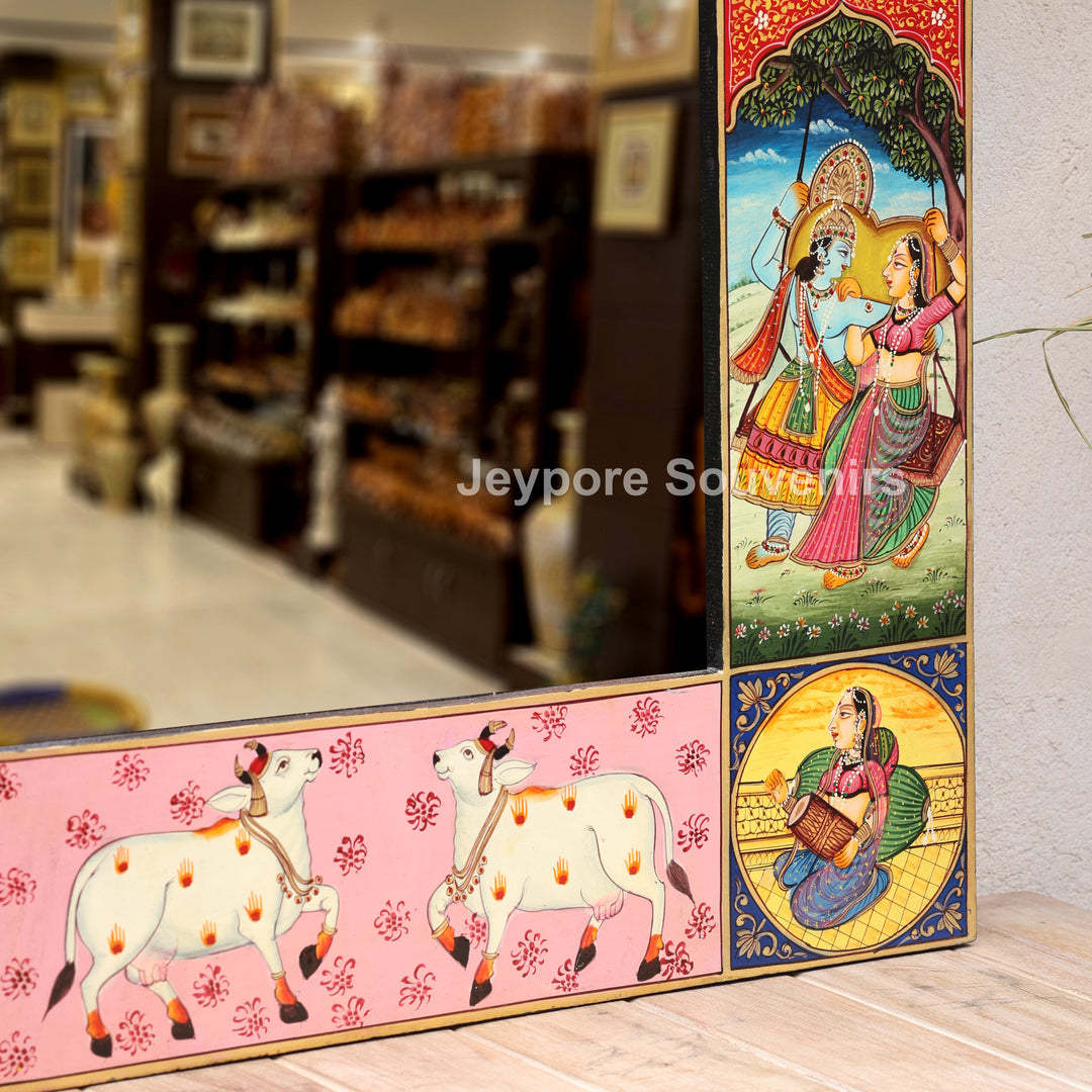 Handcrafted Krishna Radha Miniature Wooden Wall Mirror Frame