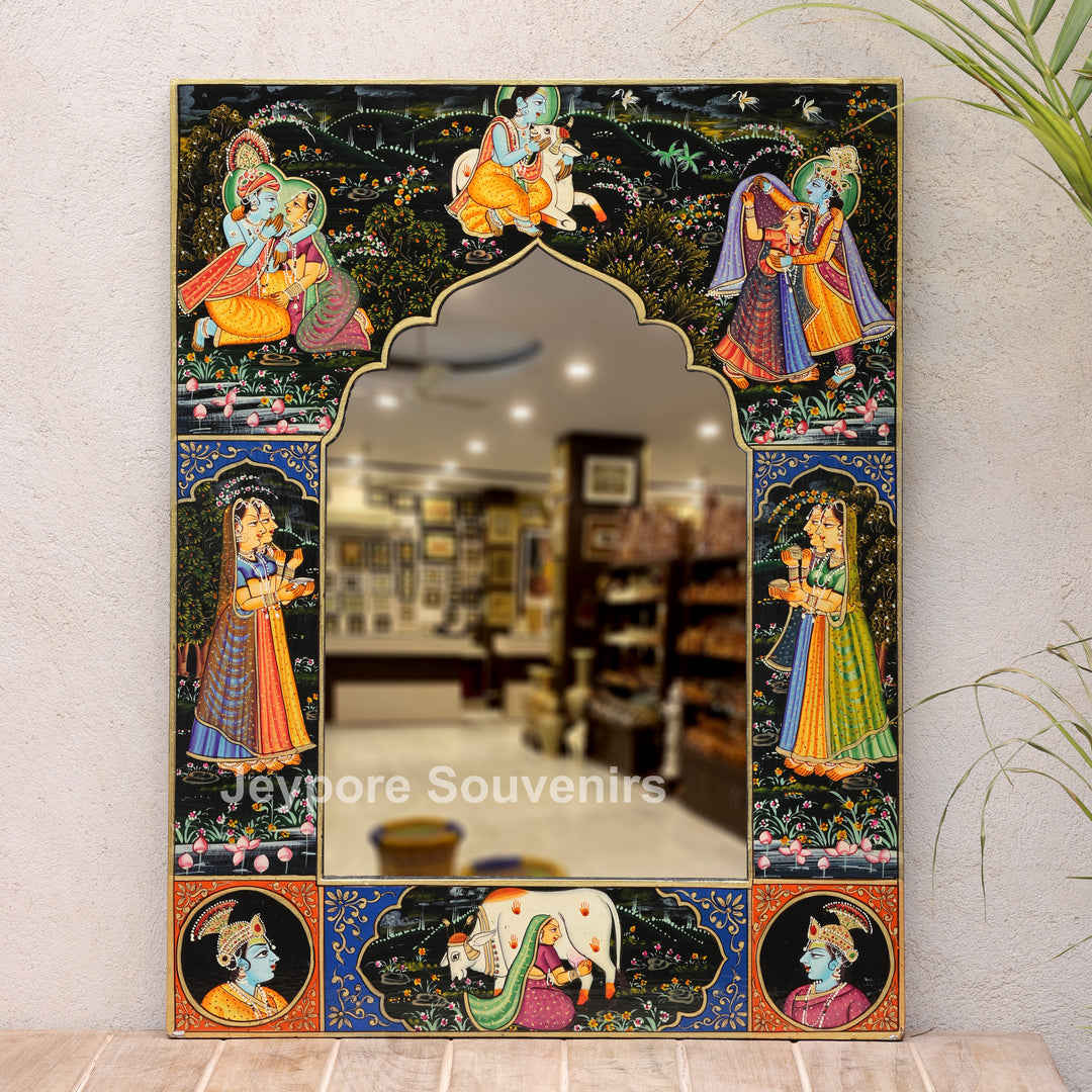 Handcrafted Pichwai Radha Krishna Decorative Wooden Wall Mirror Frame